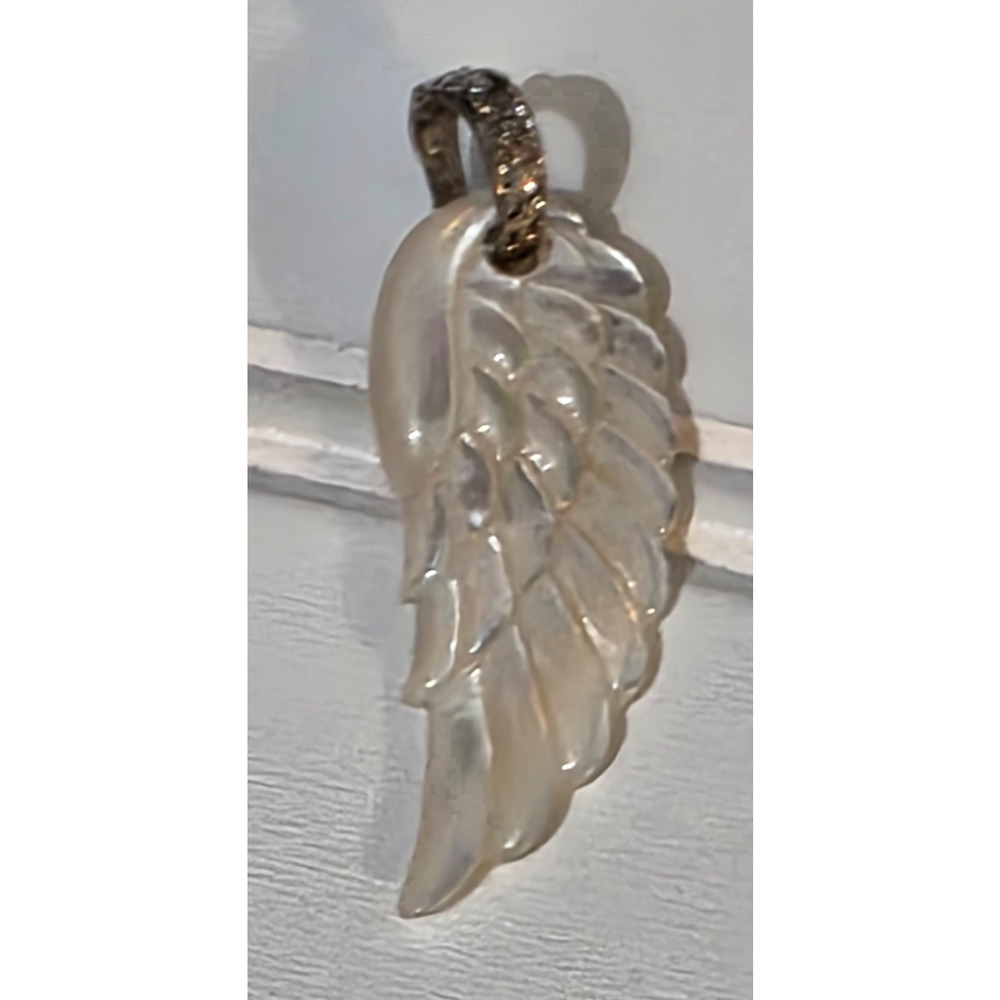 2" Carved Angel Wing Sterling Silver Pendant Mother of Pearl 925